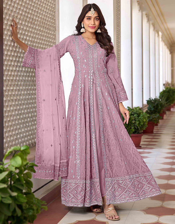 Designer Function Wear Heavy Salwar Suit Collection Lavender Heavy Faux Georgette Pant Anarkali Front View